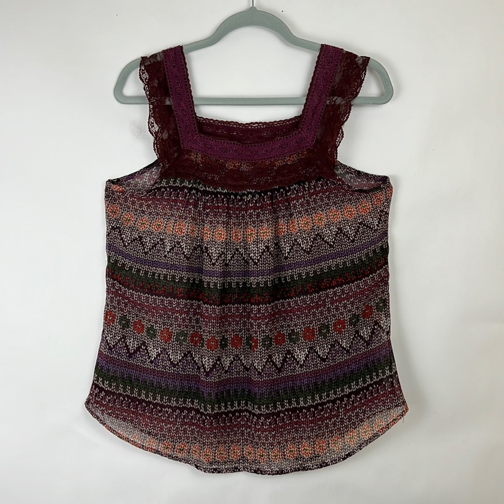 H.I.P. Sleeveless blouse lacey straps burgundy floral design L